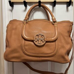 Tory Burch Amanda Large Double Zip Classic Camel Leather Satchel w Mirror in GUC